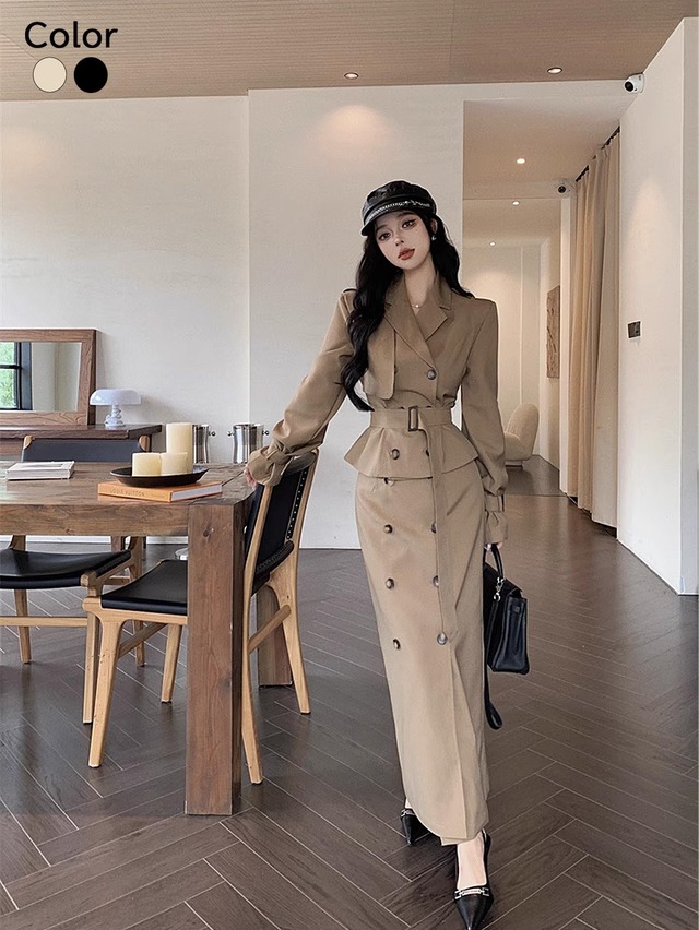 韓国大人コーデトレンチトップコート&ロングスカートセットアップ 2Color