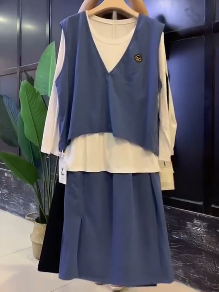 スプリングTシャツ Vネックスカート 薄手 ロング ストリート 大きめサイズ 春物 ミックスインファッション64900911556