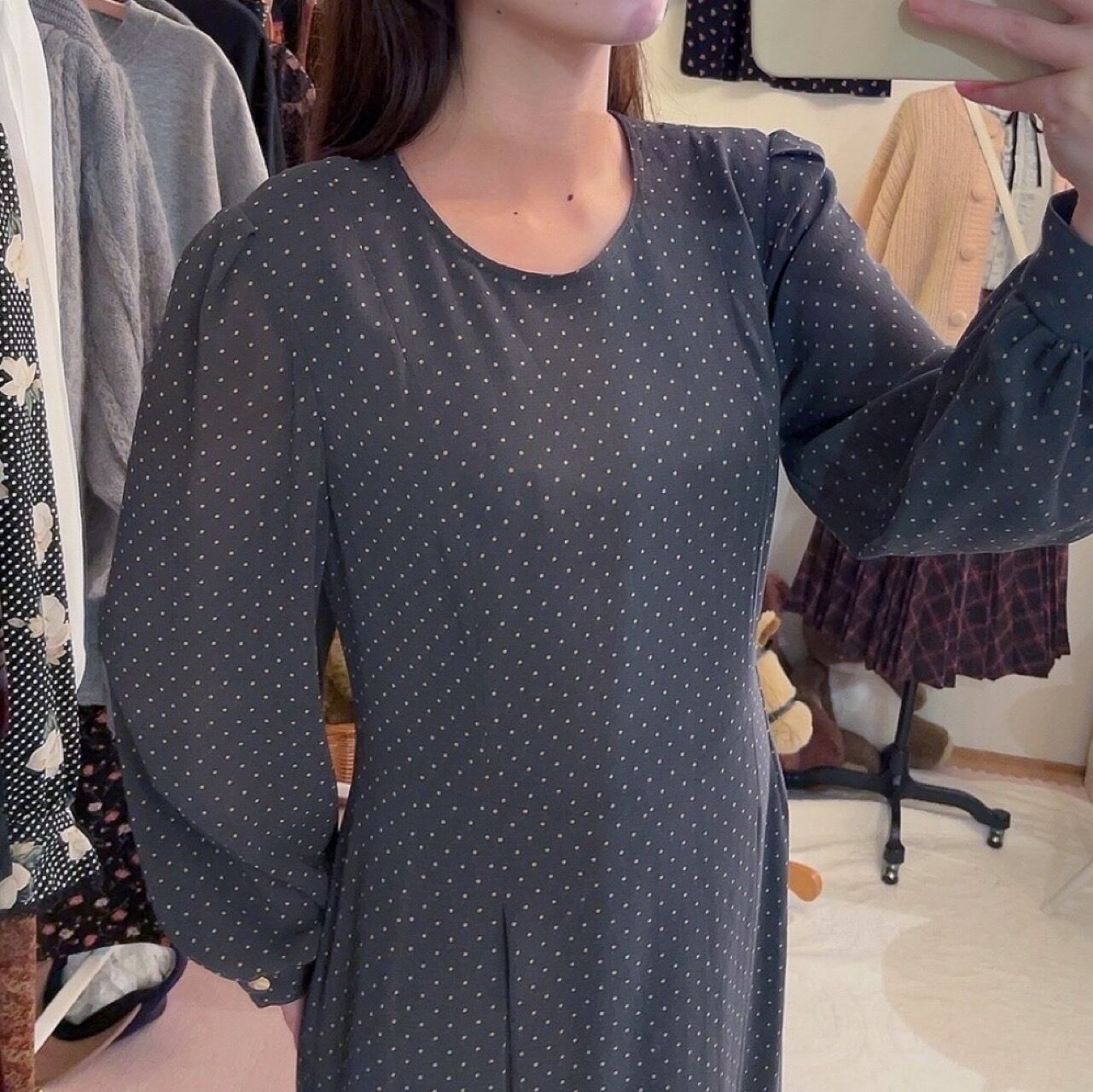 dark gray dot tuck flare one-piece