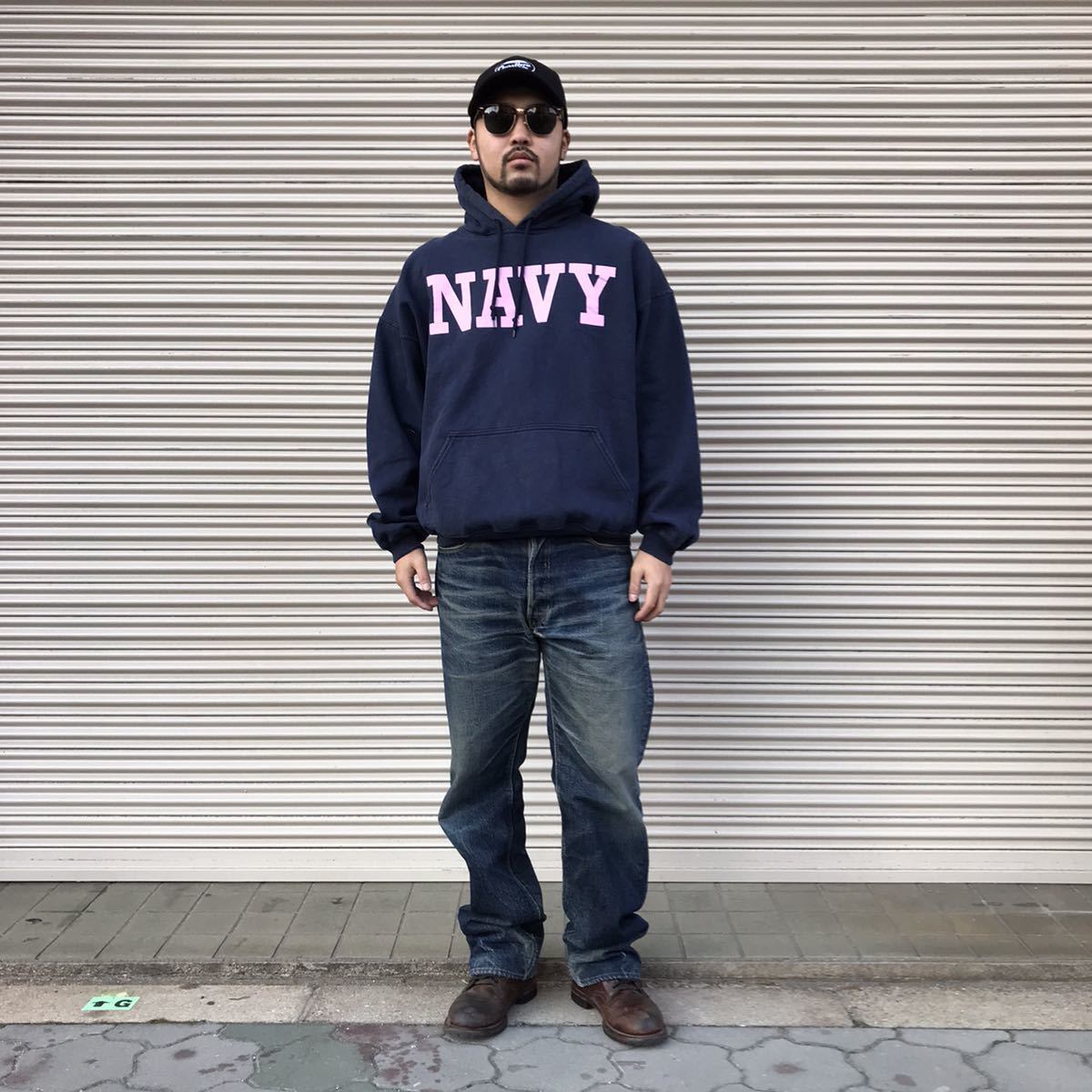 90s GILDAN 米軍 USN Navy ピンク プリント ギルダン スウェット 