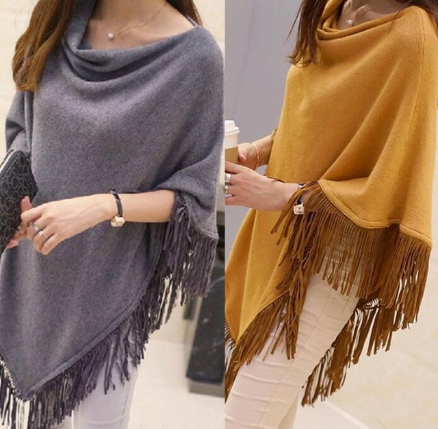 フリンジ付きニットポンチョ タッセル付きニットポンチョ