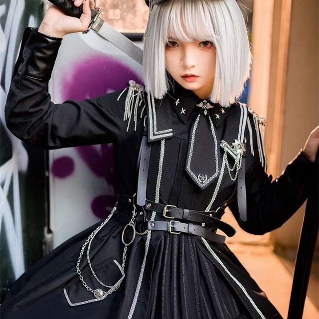 軍服ロリータ 少女司令官 ワンピ 長袖 レイヤード かっこいい モール 徽章 制服 イベント コスプレ 概念コーデ