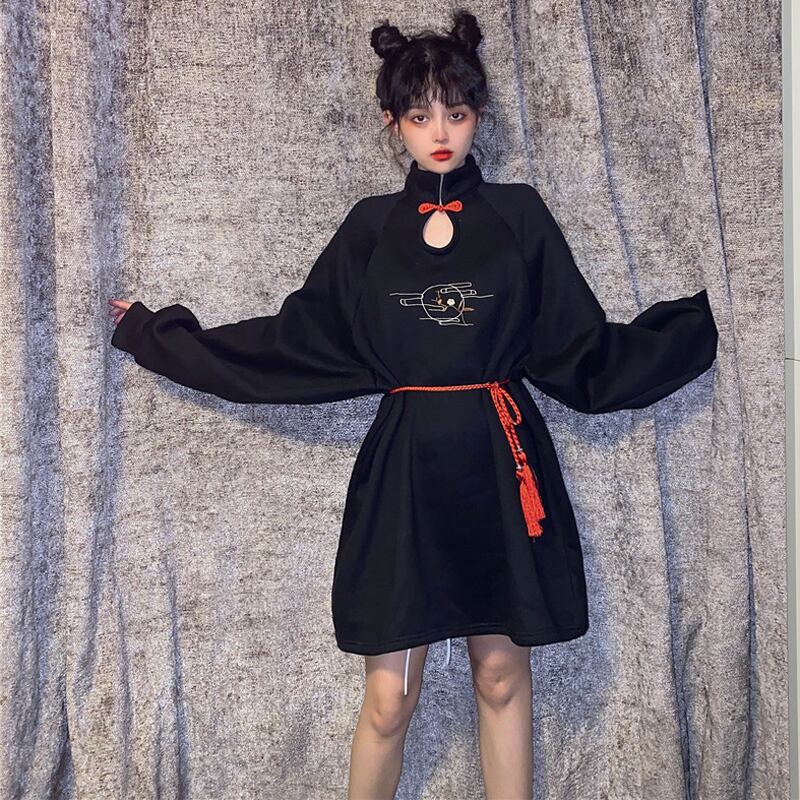 チャイナ風ワンピース チャイナドレス 中華服 原宿風 ブラック レッド ゆったり スタンドネック Elegant