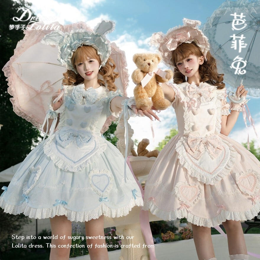 メイドロリータ ワンピース ハートエプロン付き レースフリル 撮影会