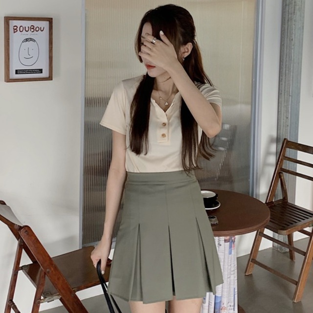 サマースタンダードスタイルスリムルーズ半袖スリーブTシャツ ウェストプリーツAラインスカート ショート レトロ ハーフスリーブ 夏物 YY-ファッション54160473561