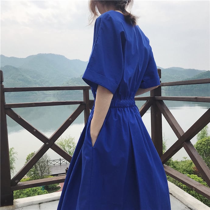 【即納】半袖ワンピースコットンドレス(ブルー) Vネック リゾート