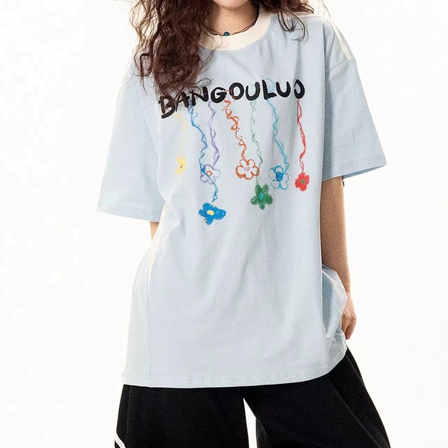 short-sleeve bi-color crew neck printed T-shirt ◇2color M0068