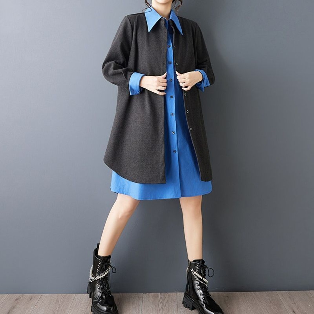 レイヤード風 配色 シャツワンピース  00130