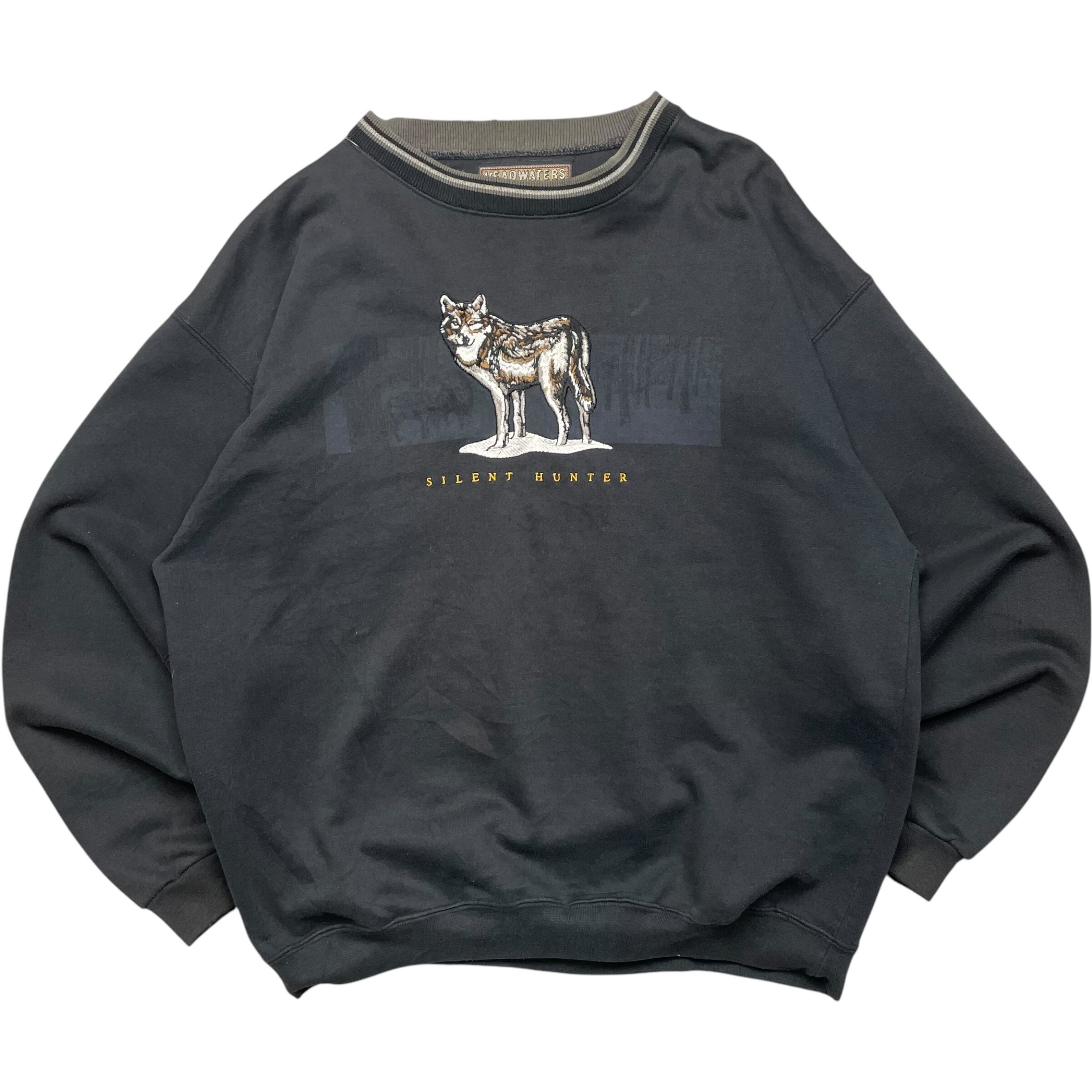 《XL》HEADWATERS スウェット ワンポイント オオカミ 刺繍 ブラック no.6477
