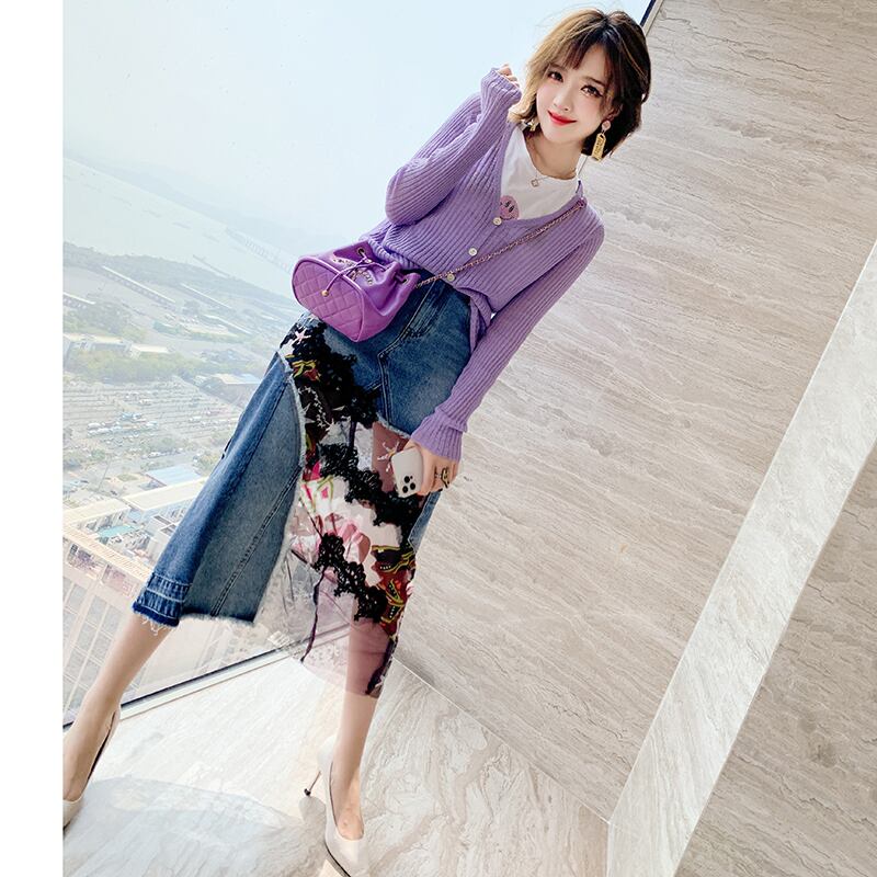 ラインストーンTシャツ ニットカーディガンスカート スプリング 春物 ステッチ MIUCO30164356000