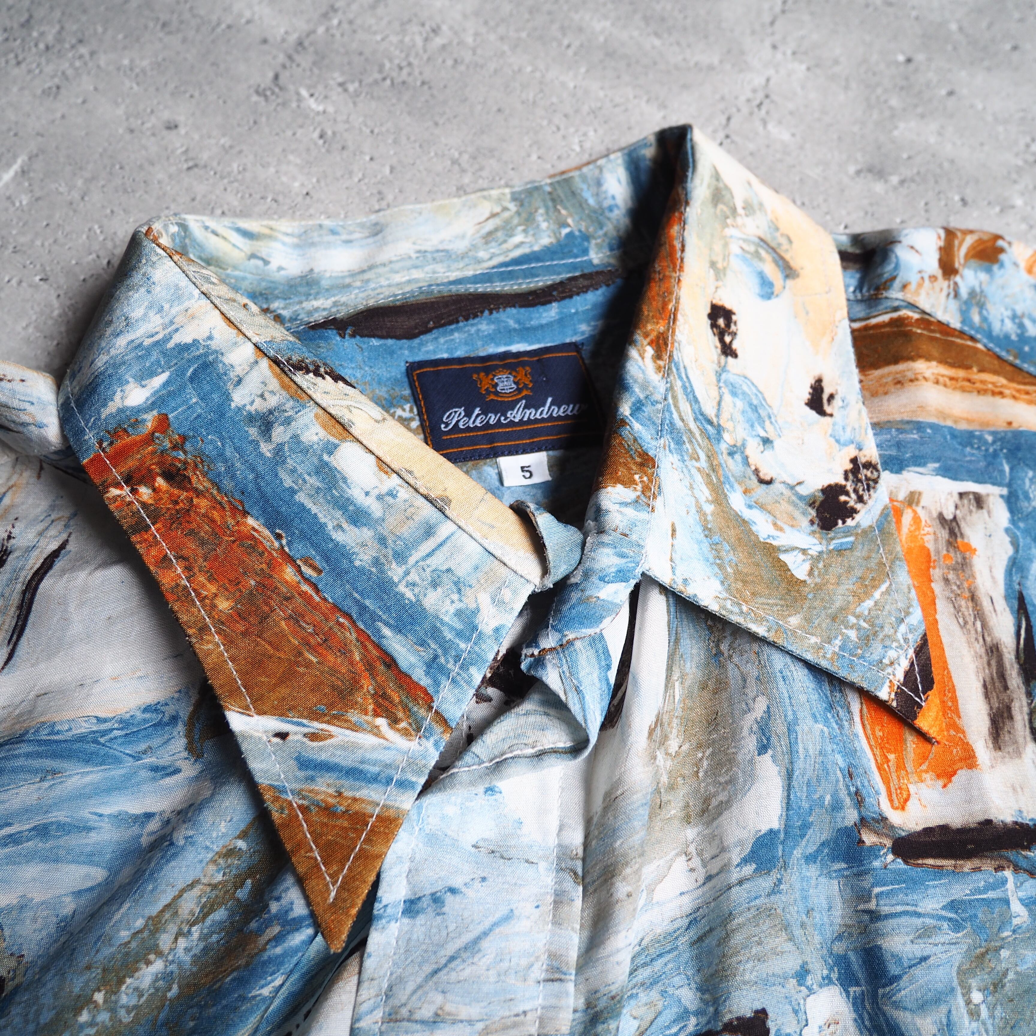 1970 - 80s Beautiful oil painted art vintage Drape loose SS rayon shirt