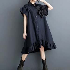 SOLID 3D FLOWER FRILLED HEM HALF SLEEVES MIDI A-LINE SHIRT DRESS 2colors M-9875