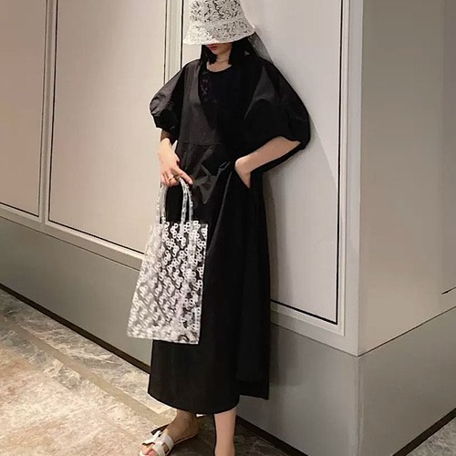 ワンピース パフスリーブ ロングワンピース ラウンドネック ロング丈 カジュアル Aライン レディース 無地 体型カバー 夏 ゆったり 春 新作 シンプル 清楚 ランタン袖 ルーズ