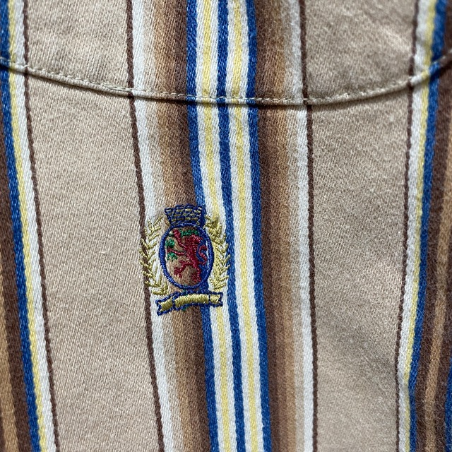 『送料無料』90s Tommyhilfiger ノーカラーマルチストライプシャツ　XL