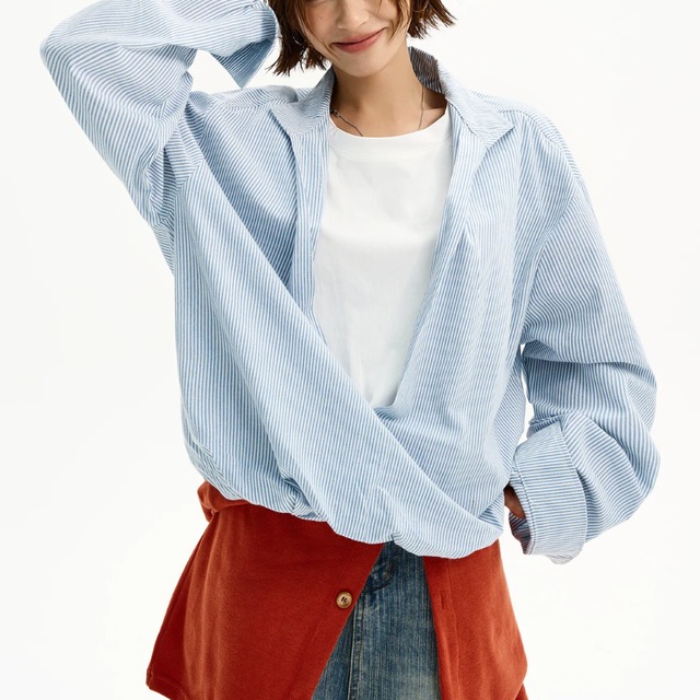 striped deep-V layered shirt　ストライプディープVレイヤードシャツ　J2163