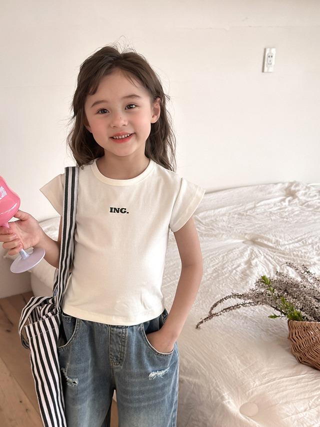 【KID】英字ロゴフレンチスリーブコットンリブTシャツ - 15