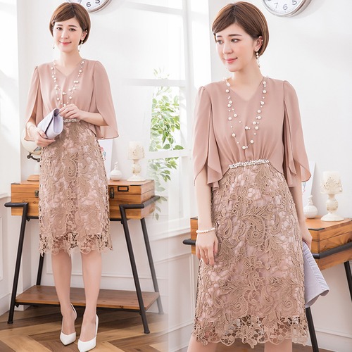 ドレス ワンピース 膝丈 タイト 五分袖 Vネック アームスリット フラワー 刺繍 上品 エレガント パーティ 結婚式 二次会 春夏 レディース　BADB0124