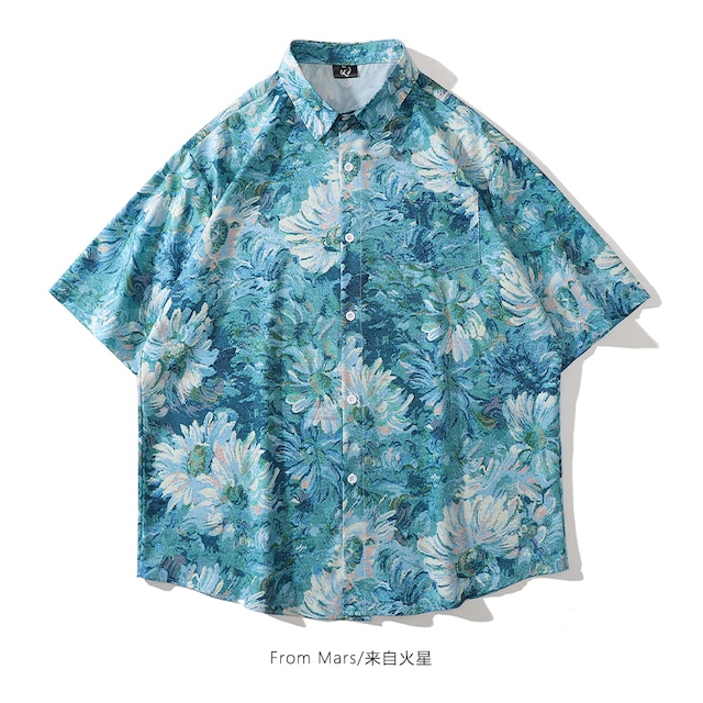 【MOISHE TIDEシリーズ】★シャツ★ プリント 油絵風 夏 男女兼用 花柄 ブルー 青い M L XL 2XL 合わせやすい