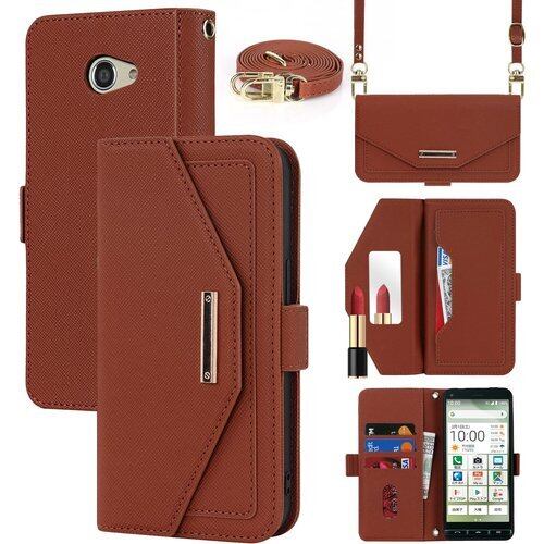 Pelanty for BASIO4 KYV47 手帳型ケース かんたんスマホ2 A001KC 縄掛け肩掛け斜めがけ 合成皮革+TPU 携帯カバー 化粧鏡+ストラップ付き マグネット KYOCERA BASIO 4 財布型カバー ICカード お札入れ小銭入れ大容量 収納ポケット スタンド機能 京セラ ベイシオ4/ A001KC 耐衝撃 耐摩擦 落下防止 肩縄付き-ブラウン 1796