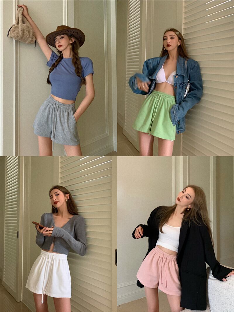 カジュアルパンツ サマー薄手ストレッチウェストルーズAラインショーツ ホワイト エラスティック 伸縮 夏物 ブルマー ブラックストロベリース78888269936