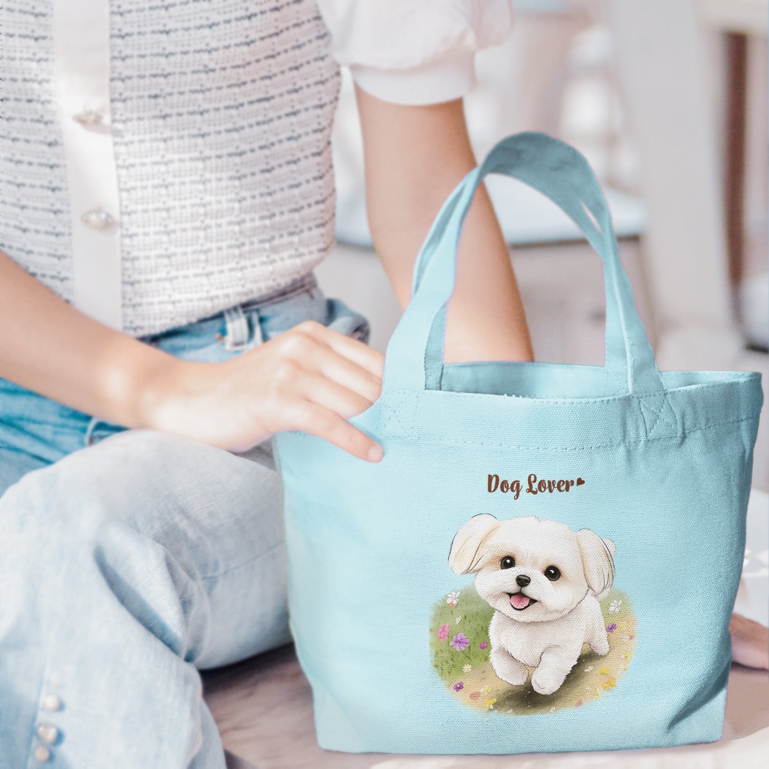 自然に囲まれた マルチーズ 】 ミニキャンバス トートバッグ 犬 ペット