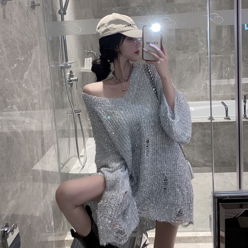 オータムVネックプルオーバー セーター レディースルーズニットトップス 秋物 ドラファッションホール92680368113