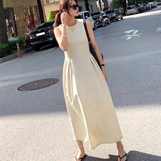 韓国風レトロプリーツロングベストドレス ◆3col YH8883