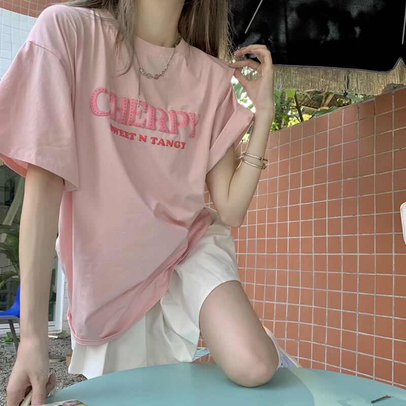 Tシャツレディース夏服ルーズNEW ピンク 大人ガーリー スウィート