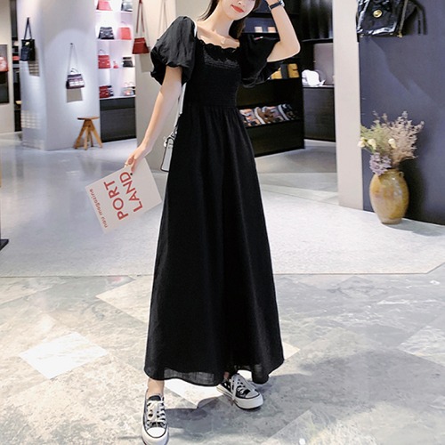 オールインワン レディース パンツ  ロング 半袖 オールインワン パンツ スクエアネック フリル かわいい オールインワン ハイウエスト ゆったり 体型カバー オールインワン レディース パンツ