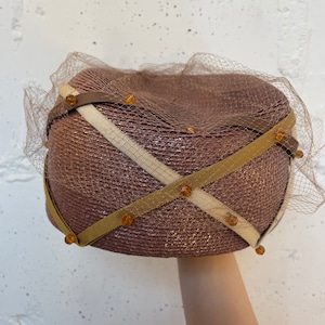 VINTAGE brown ribbon beads hat