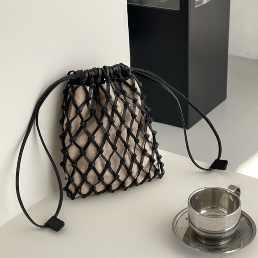 Mesh leather mini drawstring bag G1086
