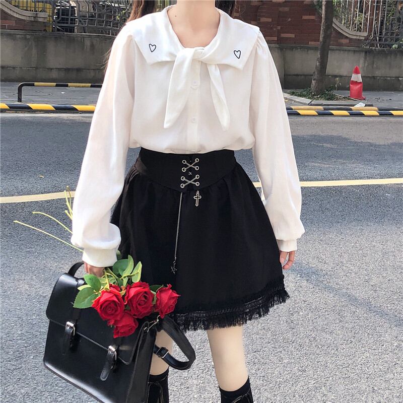 サブカル 服 地雷系 通販 ゴスロリ JKスタイル ツーピース 長袖 ブラウス ミニスカ キャンパススタイル ハート 刺繍 白シャツ 編み上げ ミニスカ かわいい ゴシック ロリータ