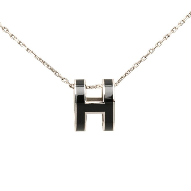 エルメス ポップH Hロゴ チェーン ペンダント ネックレス シルバー ブラック メタル レディース HERMES 中古