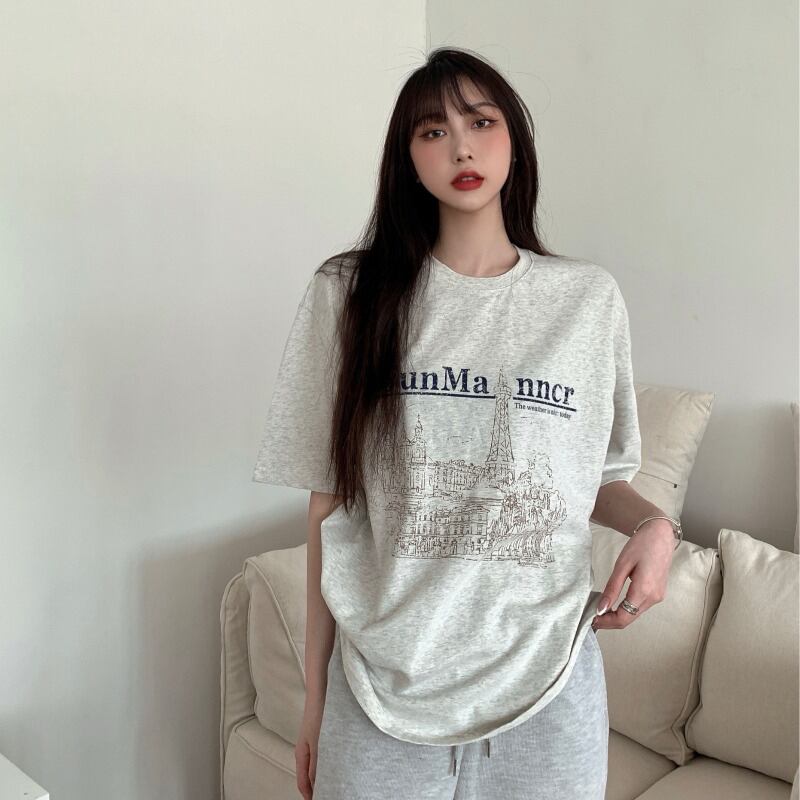 スタンダードプリント柄Tシャツ シャツ サマー薄手カジュアルルーズグレー レトロ 夏物 ブラックストロベリース67211898188