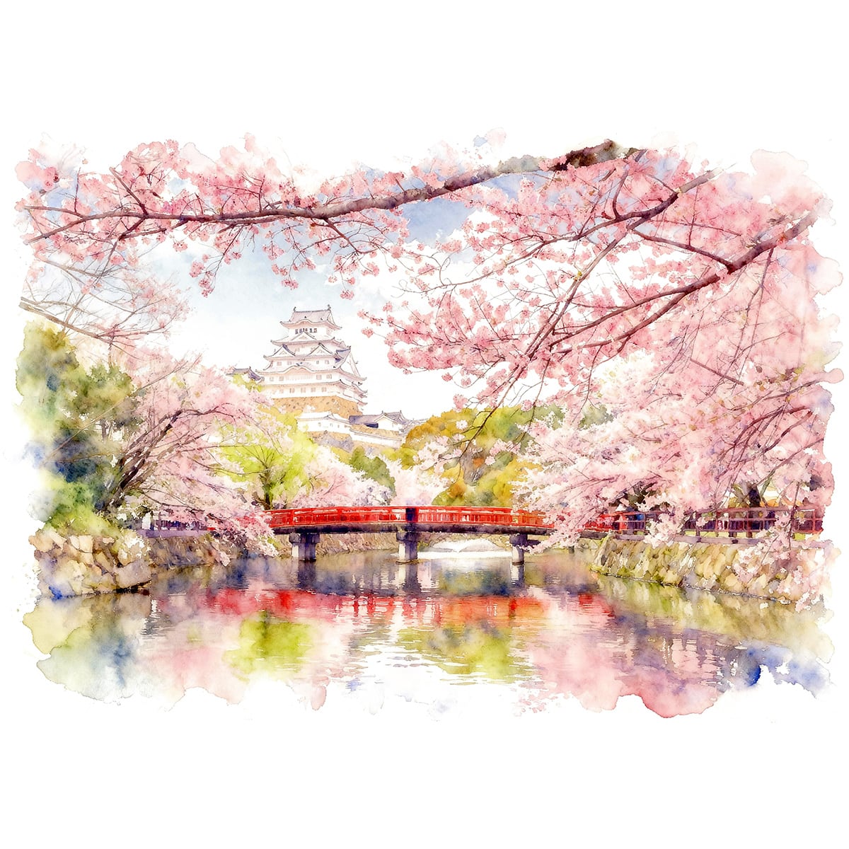 絵画 風景画 日本の城 桜と姫路城 インテリアアート額付き 水彩画