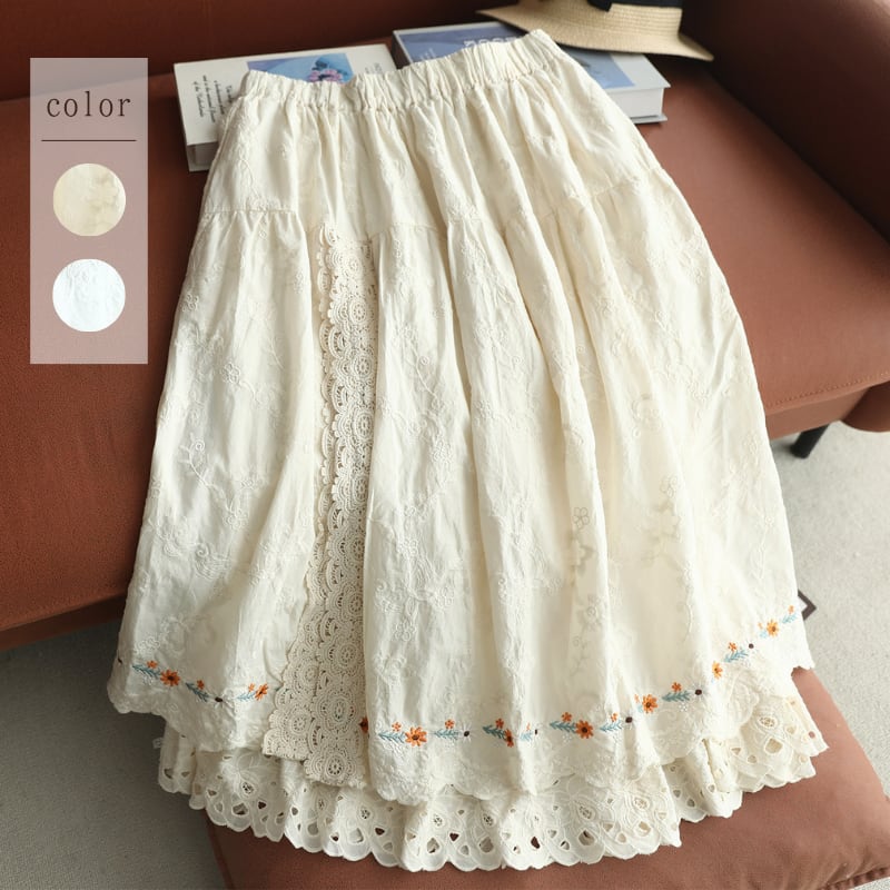 裾オレンジ小花刺繍レイヤードスカラップレーススカート W1970