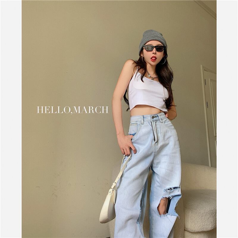 ジーンズ サマー薄手ハイウェストウェストルーズワイドレッグパンツ 夏物 ワイドパンツ ブラックストロベリース71816975262