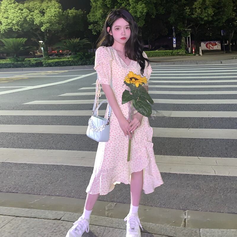 スリーブフローラルドレス サマースタイルロングスカート 夏物 花柄 スーパーモール67738892663