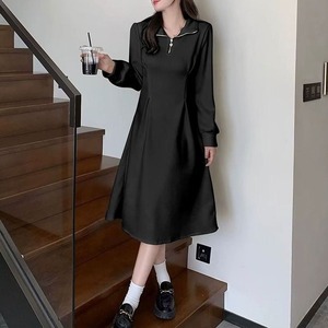 ワンピース 長袖 レディース 春秋 韓国 ハーフジップ きれいめ おしゃれ 大人 かわいい ウエストタック Aライン 体型カバー ハイウエスト フレアワンピース 大人可愛い 大人女子