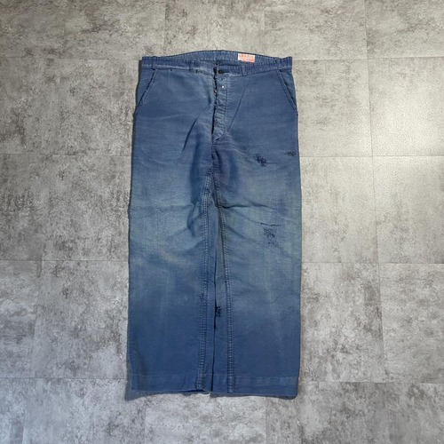 50-60s フェード フレンチワーク モールスキン ブルー パンツ W35