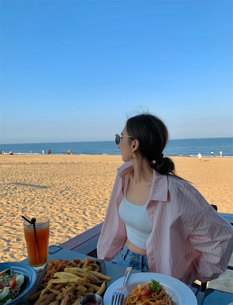 スタイルストライプルーズシャツ ジャケット レディースサマー薄手 ロング ピンク 夏物 ブラックストロベリース3119563348