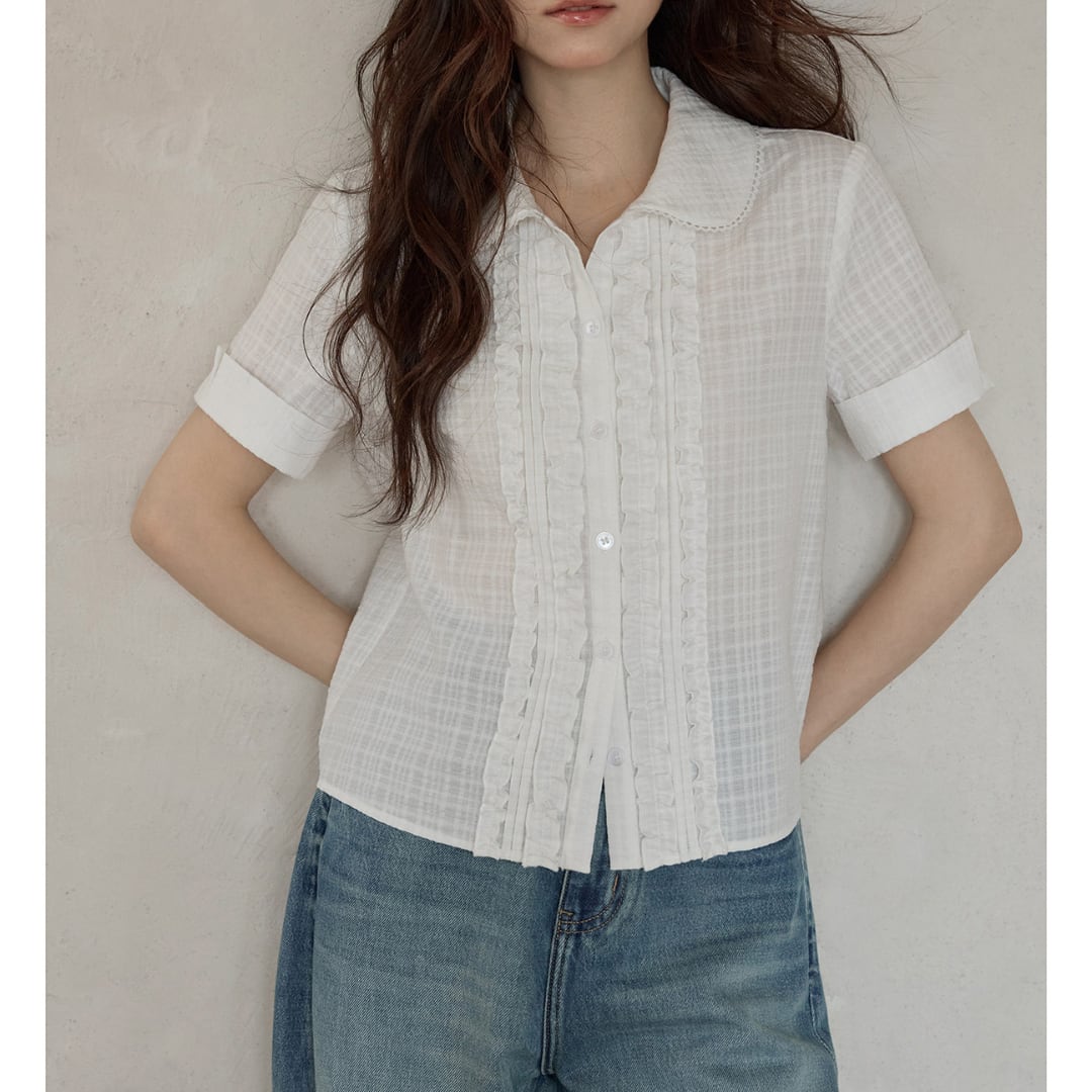 ruffle detail sheer check short sleeve blouse