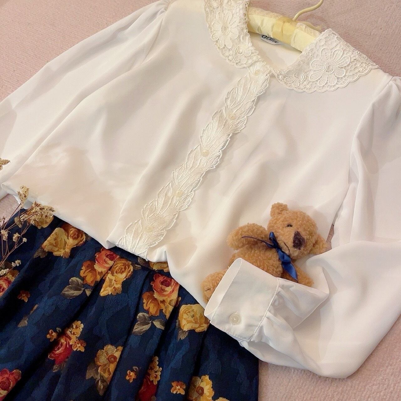 flower leaf lace white blouse