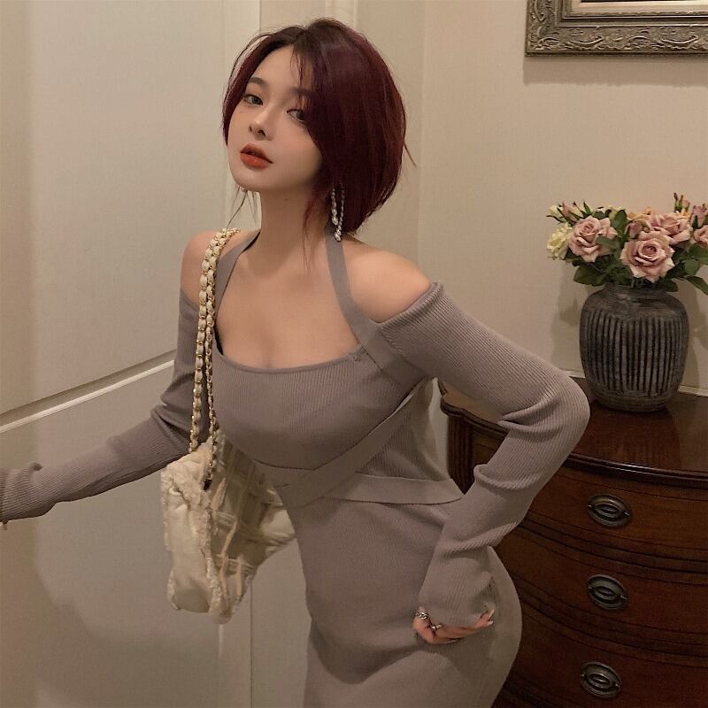 ニットドレス ストラップレスミディスカート スプリングスタイル ロング 春物 ブラックストロベリース12409414248