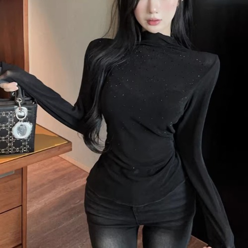 2色／ラインストーンハイネックシアートップス ・13651