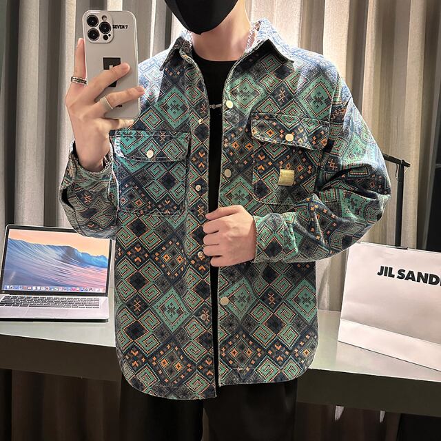 【予約販売】ブルゾン アウター デニム Gジャン ネイティブ柄 グリーン メンズ お洒落 こなれ感 カジュアル ベーシック 秋 春 大きいサイズ M/L/XL/2XL/3XL