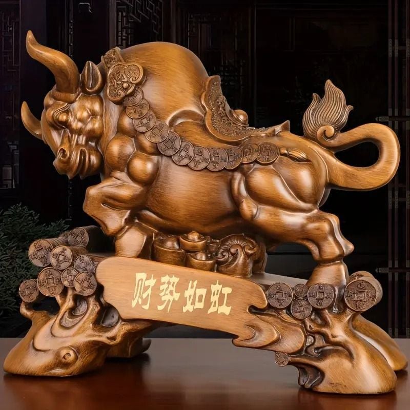【縁起物】一本 木彫り 牛 重厚感 置物 風水 オブジェ 牛 うし 置物 オブジェ オーナメント 開運 運気アップ インテリア 玄関