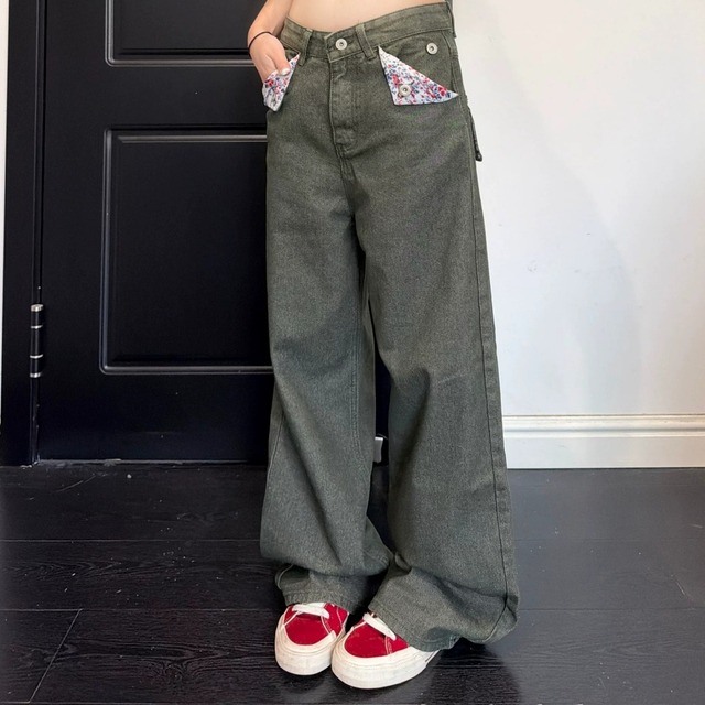 フラワーポケットシンチバックワイドラインデニムパンツ 3col R02590