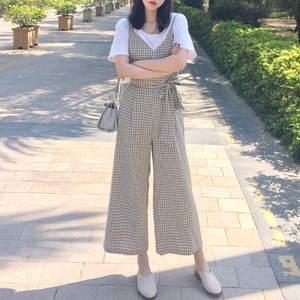 【送料無料】ビスチェジャンプスーツ ライトブラウン チェック柄 バックシャン サロペット ウエストリボン ハイウエスト サイドポケット バックジッパー 韓国トレンド 通勤 通学 デート 旅行 バカンス リゾート お出かけ 女子会 レジャー AI-023KW