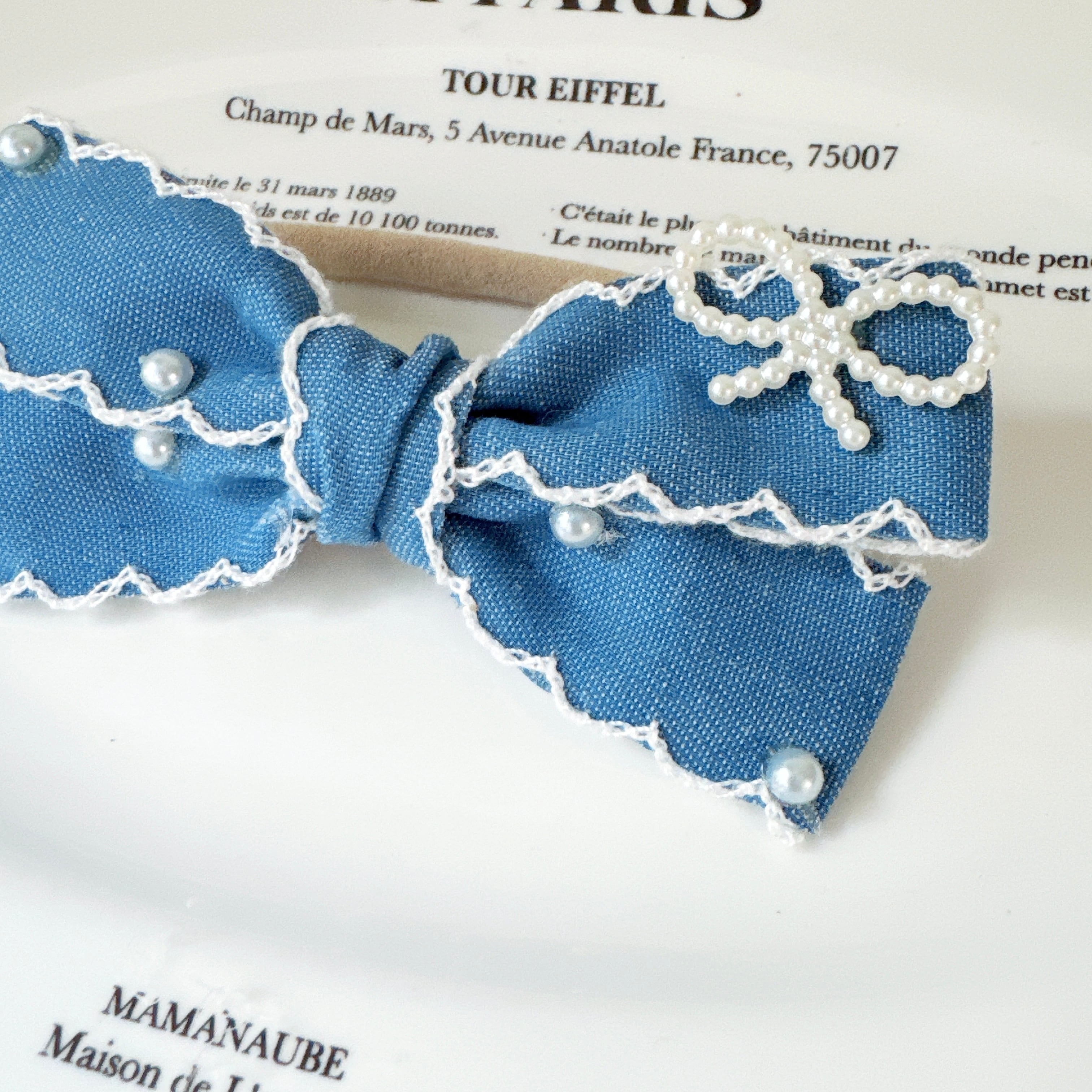 デニムパールのリボンヘアバンド(後ろ支え付き)